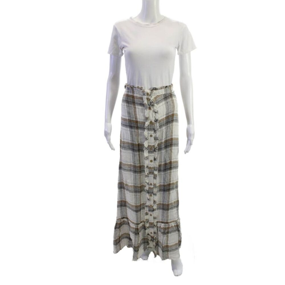Lisa Marie Fernandez Womens Maxi Peasant Plaid Linen Blend Skirt Beige Size 0